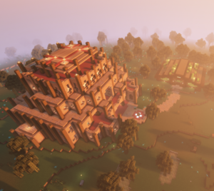 A brown mud-brick library with several decorative spires lies to the left, while the much smaller Bank of Pretarsi, green and brown, is in the center of an image. The path connects the two to a Hub teleport.