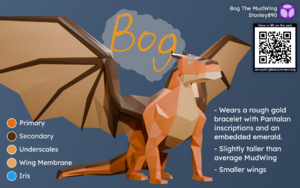 Low-poly model of bog sitting with wings spread halfway and tail curled against a mid blue background. The name "Bog" is handwritten in orange above. The bottom left shows each of Bog's five main colors, while the bottom right details "wears a rough gold bracelet with Pantalan inscriptions and an embedded emerald", "slightly taller than average MudWing", and "smaller wings". At the top right, the image is credited to Bog The MudWing / Stonley890, and there is a QR code with text above reading "View in 3D on the web" and below reading "stonley890.github.io/models.bog"