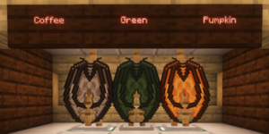 A selection of three Elytra-replacing wings. Left to right, they are labelled "Coffee", "Green", and "Pumpkin".