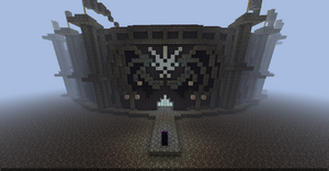 The entrance of the first iteration of the Obsidian Arena. The arena is in the shape of a cylinder with pillars around the edge. The structure is on top of the bedrock Nether roof.