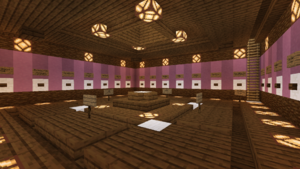 The second iteration of the hub, made mostly of dark oak planks and purple terracotta.