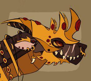 A dark brown mudwing wearing an ornate gold helm with imbedded rubies. They have alligator-like teeth and scars on their snout.